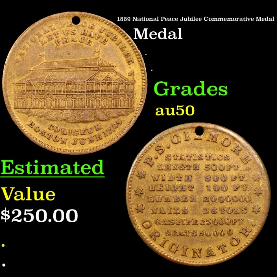 1869 National Peace Jubilee Commemorative Medal Grades AU, Almost Unc