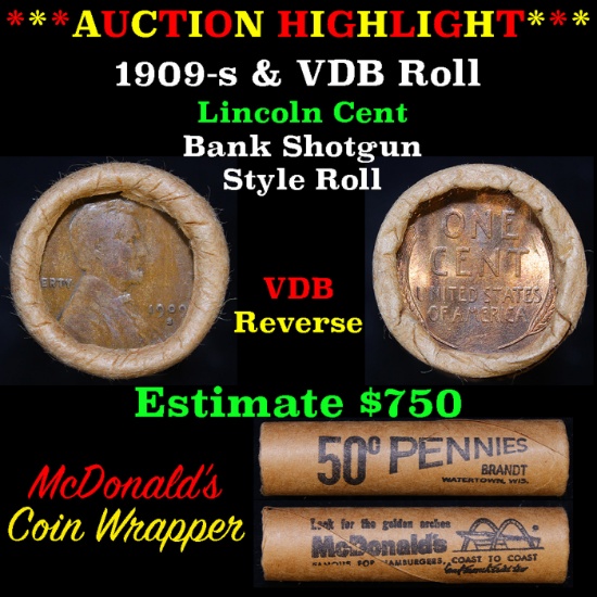 Lincoln Wheat cent 1c Orig Brandt McDonalds roll, 1909-s end, VDB other end