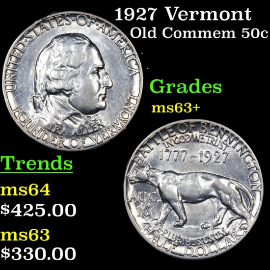 1927 Vermont Old Commem Half Dollar 50c Grades Select+ Unc