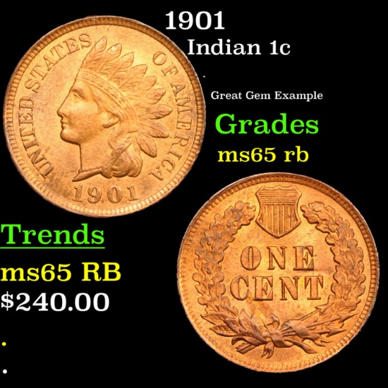 1901 Indian Cent 1c Grades GEM Unc RB