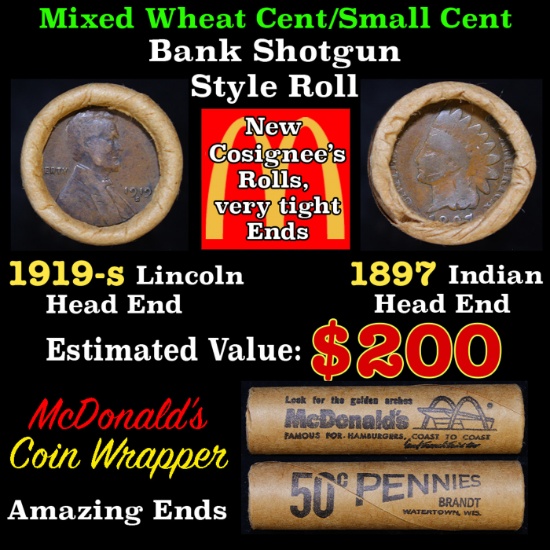 Mixed small cents 1c orig shotgun roll Brandt McDonalds, 1919-s Wheat Cent, 1897 Indian Cent other