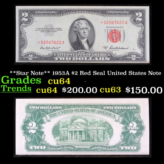**Star Note** 1953A $2 Red Seal United States Note Grades Choice CU
