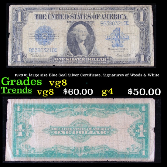 1923 $1 large size Blue Seal Silver Certificate, Signatures of Woods & White Grades vg, very good