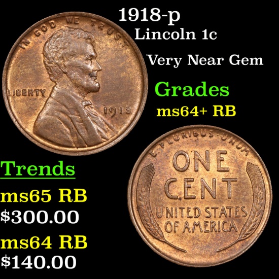 1918-p Lincoln Cent 1c Grades Choice+ Unc RB