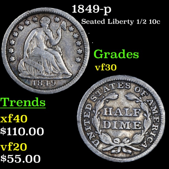 1849-p Seated Liberty Half Dime 1/2 10c Grades vf++