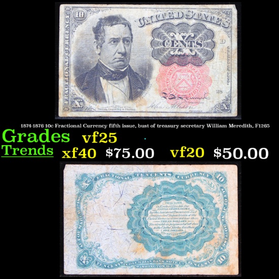 1874-1876 10c Fractional Currency fifth issue, bust of treasury secretary William Meredith, F1265 Gr