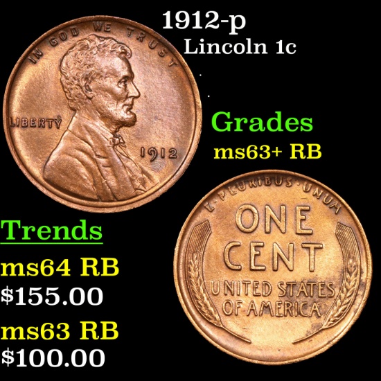 1912-p Lincoln Cent 1c Grades Select+ Unc RB