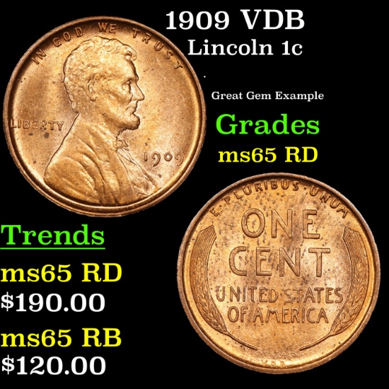 1909 VDB Lincoln Cent 1c Grades GEM Unc RD