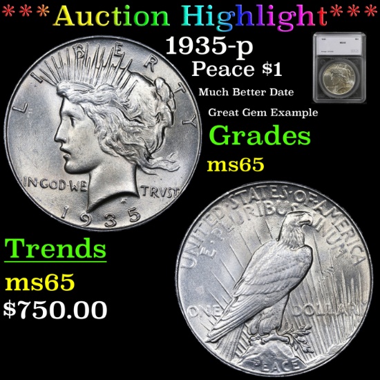 ***Auction Highlight*** 1935-p Peace Dollar $1 Graded ms65 by SEGS (fc)