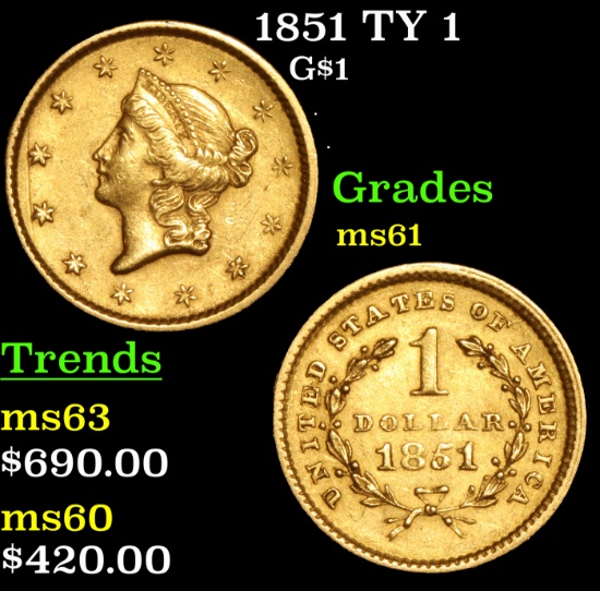 1851 TY 1 Gold Dollar $1 Graded BU+