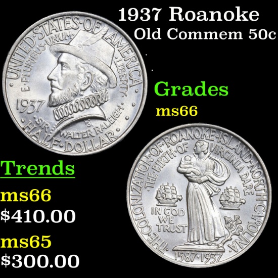 1937 Roanoke Old Commem Half Dollar 50c Grades GEM+ Unc