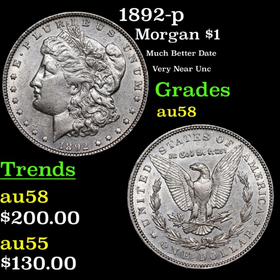 1892-p Morgan Dollar $1 Grades Choice AU/BU Slider