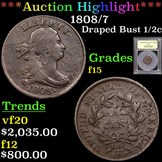 ***Auction Highlight*** 1808/7 Draped Bust Half Cent 1/2c Graded f+ by USCG (fc)