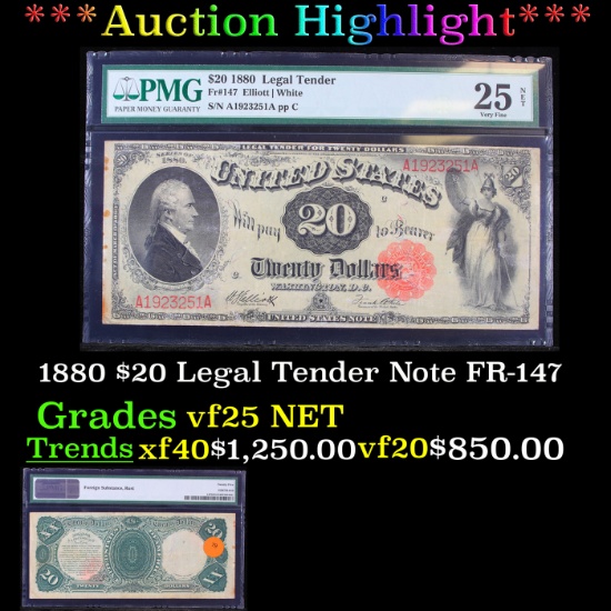 ***Auction Highlight*** 1880 $20 Legal Tender Note FR#+147 Graded vf25 NET By PMG (fc)