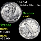 1945-d Walking Liberty Half Dollar 50c Grades Select+ Unc