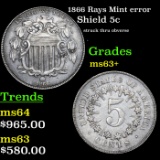 1866 Rays Shield Nickel Mint error 5c Grades Select+ Unc