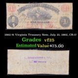 1862 $1 Virginia Treasury Note, July 21, 1862, CR-17 Grades vf+