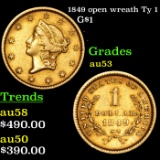 1849 open wreath Gold Dollar Ty 1 $1 Grades Select AU