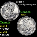 1942-p Walking Liberty Half Dollar 50c Grades Choice Unc