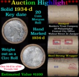 ***Auction Highlight*** Full solid date 1934-d Peace silver dollar roll, 20 coins, XF/AU  (fc)