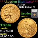 ***Auction Highlight*** 1912-p Indian Head Gold 5 Graded ms63+ by SEGS (fc)