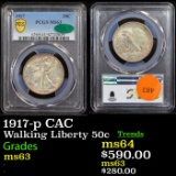 PCGS 1917-p Walking Liberty Half Dollar CAC 50c Graded ms63 by PCGS