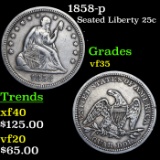 1858-p Seated Liberty Quarter 25c Grades vf++