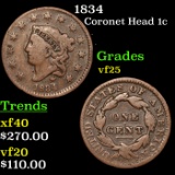 1834 Coronet Head Large Cent 1c Grades vf+