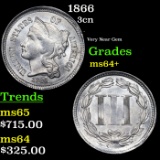 1866 Three Cent Copper Nickel 3cn Grades Choice+ Unc