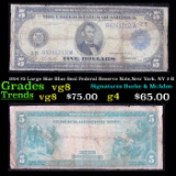 1914 $5 Large Size Blue Seal Federal Reserve Note,New York, NY 2-B Grades vg, very good