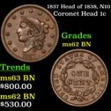 1837 Head of 1838, N10 Coronet Head Large Cent 1c grades select uncle BN
