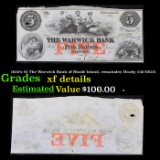 1850's $5 The Warwick Bank of Rhode Island, remainder, Haxby 545-G62A Grades xf details
