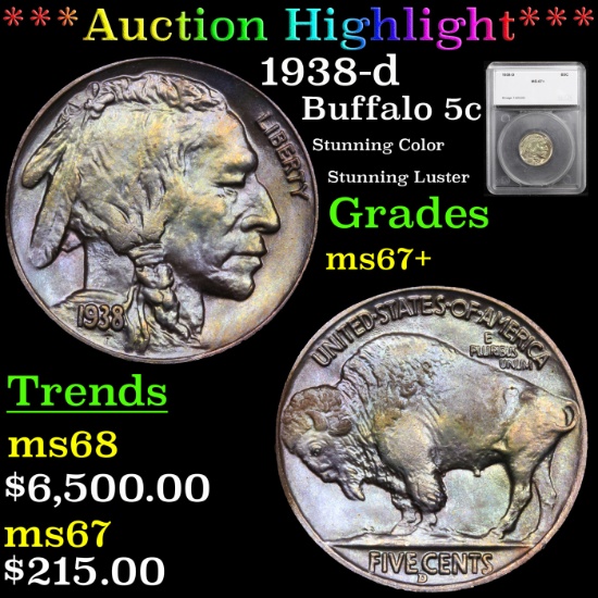 ***Auction Highlight*** 1938-d Buffalo Nickel 5c Graded ms67+ By SEGS (fc)