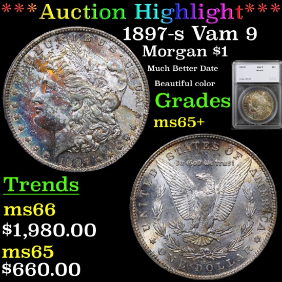 ***Auction Highlight*** 1897-s Morgan Dollar Vam 9 $1 Graded ms65+ By SEGS (fc)
