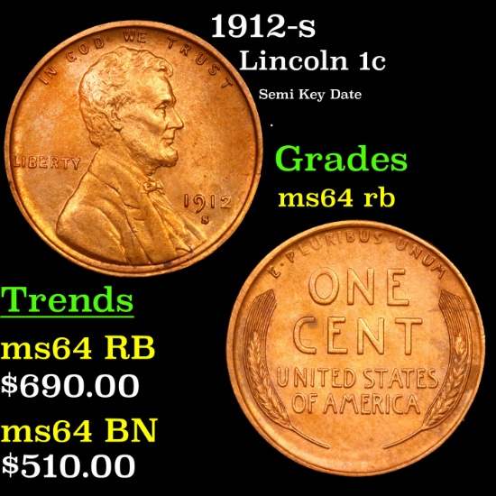1912-s Lincoln Cent 1c Grades Choice Unc RB