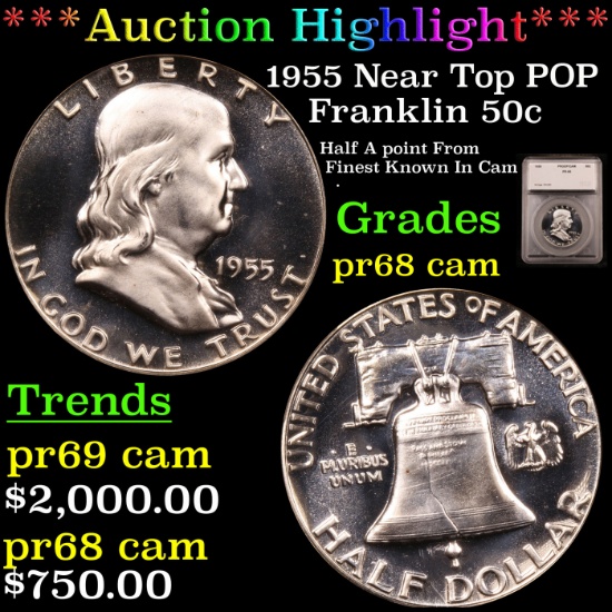 ***Auction Highlight*** 1955 Near Top POP Franklin Half Dollar 50c Graded pr68 cam By SEGS.