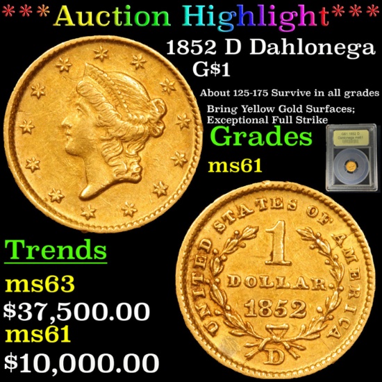 ***Auction Highlight*** 1852 D Gold Dollar Dahlonega $1 Grades BU+ By USCG (fc)