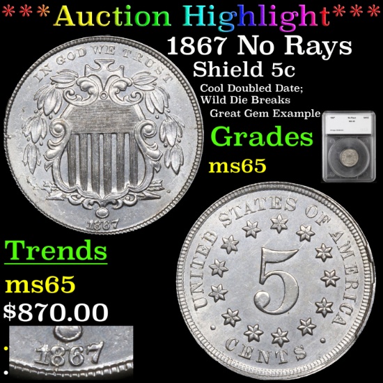 ***Auction Highlight*** 1867 No Rays Shield Nickel 5c Graded ms65 By SEGS (fc)