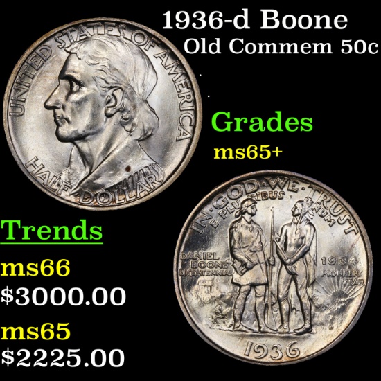 1936-d Boone Old Commem Half Dollar 50c Grades GEM+ Unc.
