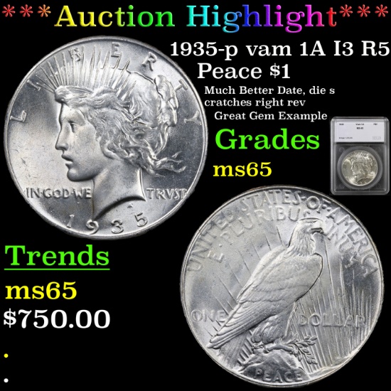 ***Auction Highlight*** 1935-p Peace Dollar vam 1A I3 R5 $1 Graded ms65 By SEGS (fc)