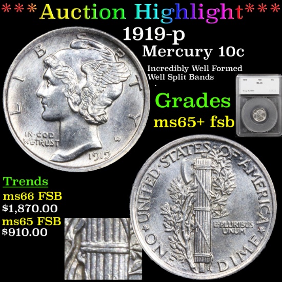 ***Auction Highlight*** 1919-p Mercury Dime 10c Graded ms65+ fsb By SEGS (fc)