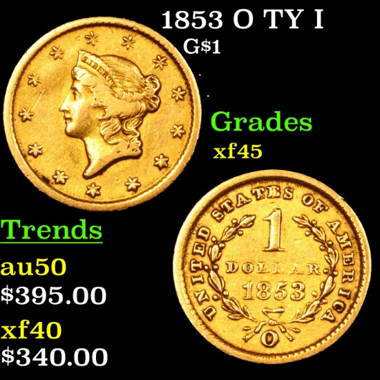 1853 O Gold Dollar TY I $1 Grades xf+