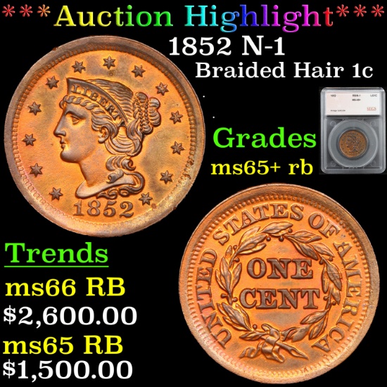 ***Auction Highlight*** 1852 Braided Hair Large Cent N-1 1c Graded ms65+ rb By SEGS (fc)