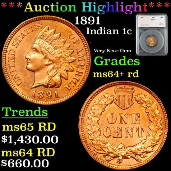 ***Auction Highlight*** 1891 Indian Cent 1c Graded ms64+ rd By SEGS (fc)