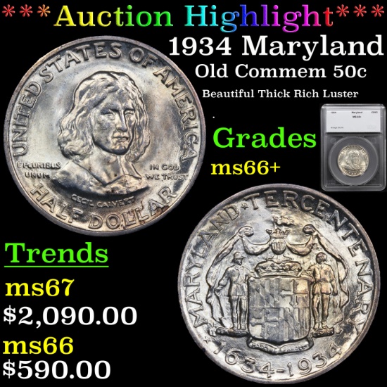 ***Auction Highlight*** 1934 Maryland Old Commem Half Dollar 50c Graded ms66+ By SEGS (fc)