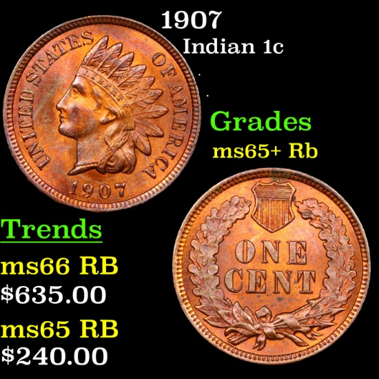 1907 Indian Cent 1c Grades Gem+ Unc RB