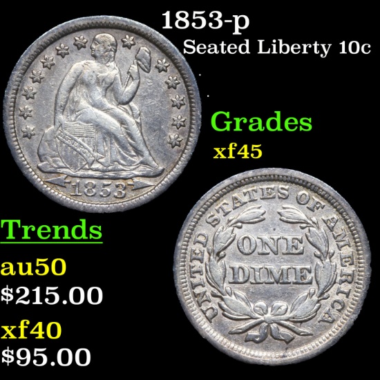 1853-p Seated Liberty Dime 10c Grades xf+