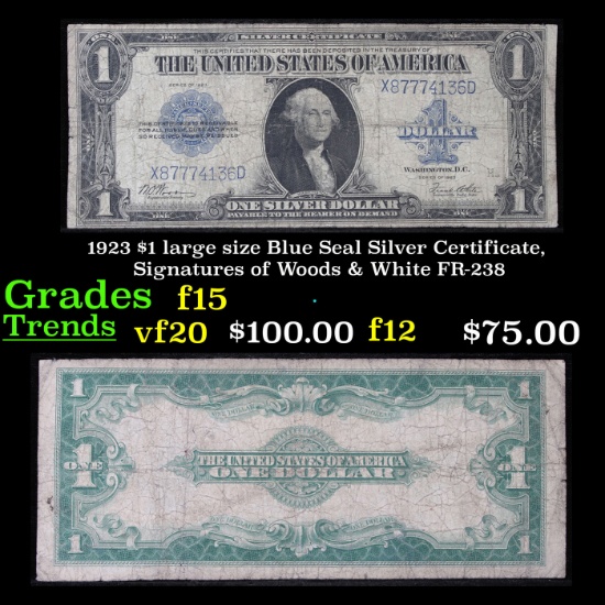 1923 $1 large size Blue Seal Silver Certificate, Signatures of Woods & White FR-238 Grades f+