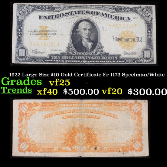 1922 Large Size $10 Gold Certificate Fr-1173 Speelman/White Grades vf+