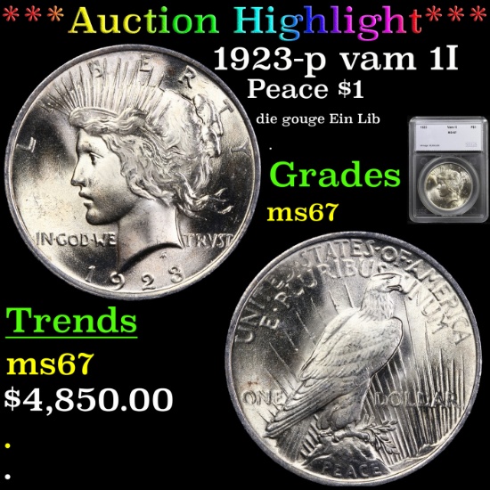 ***Auction Highlight*** 1923-p Peace Dollar vam 1I $1 Graded ms67 By SEGS (fc)